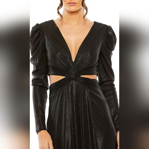 NWT Mac Duggal Women's Princess Sleeve Cut Out Metallic Gown - BLACK - Picture 4 of 11